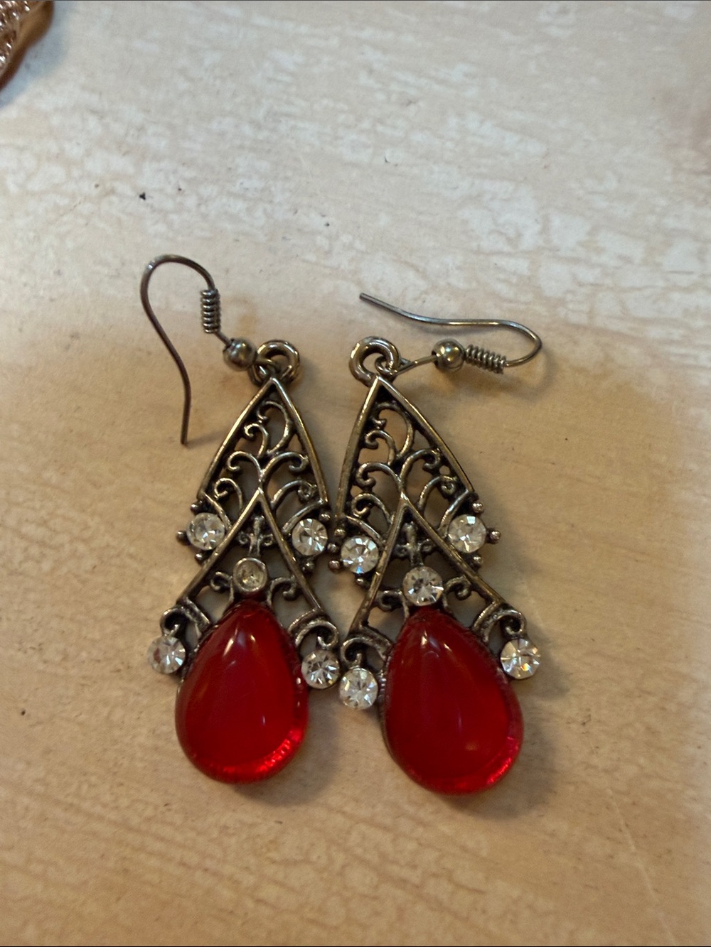 Vintage-Inspired Red Teardrop Filigree Dangle Earrings